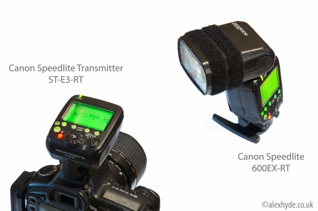Canon radio-triggered off camera flash, shown here with the MP-E 65mm macro.